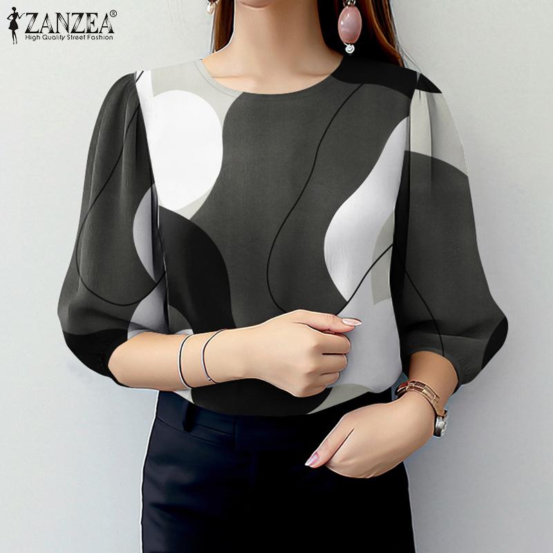 ZANZEA Women Casual Round Neck 3/4 Sleeve Loose Print Blouse