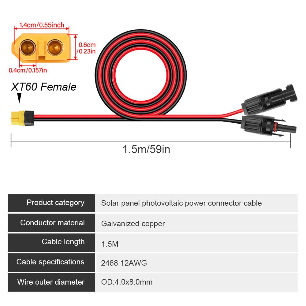 0.6M/1.5M/3M XT60 Adapter to Female Plug Solar Connector Charge Extension Cable 12AWG Wire For Power Station Solar Generator