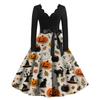 Women's Casual V Neck Long Sleeve Dress Halloween Print Fit and Flare Waist Tie Belt Knee Length Dress