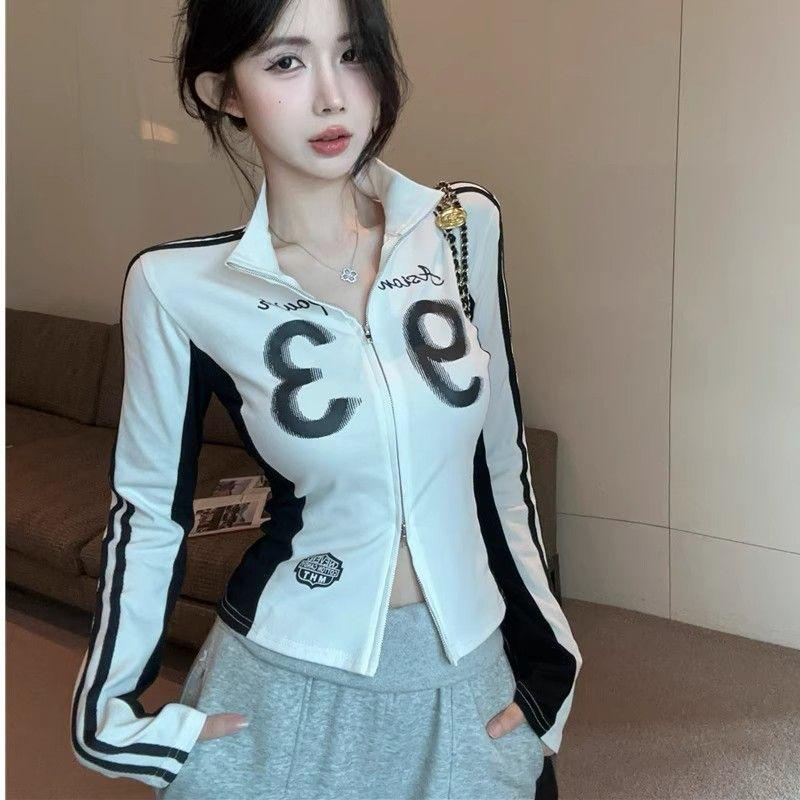 American Retro Spicy Girl Color Block Letter Print Zipper Jacket, Stand Collar, Slim Fit, Long Sleeve, for Spring & Autumn Medium белый