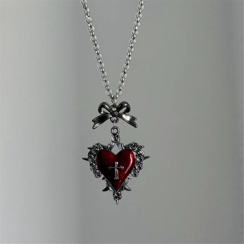Fashionable Dark Styles Gothic Necklace with Heart Bowknot and Crosses Pendant Portable Accessory for Fashionistas