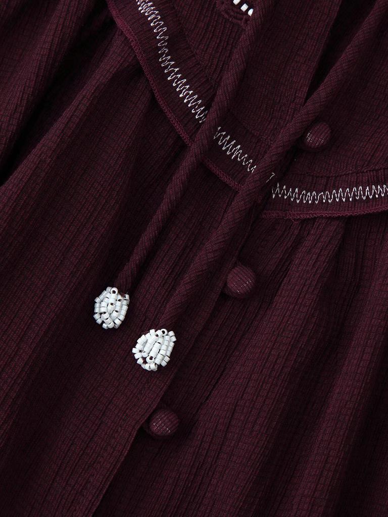 Autumn 2025 Women's V-Neck Tassel Lace-Up Bohemian Embroidered Shirt