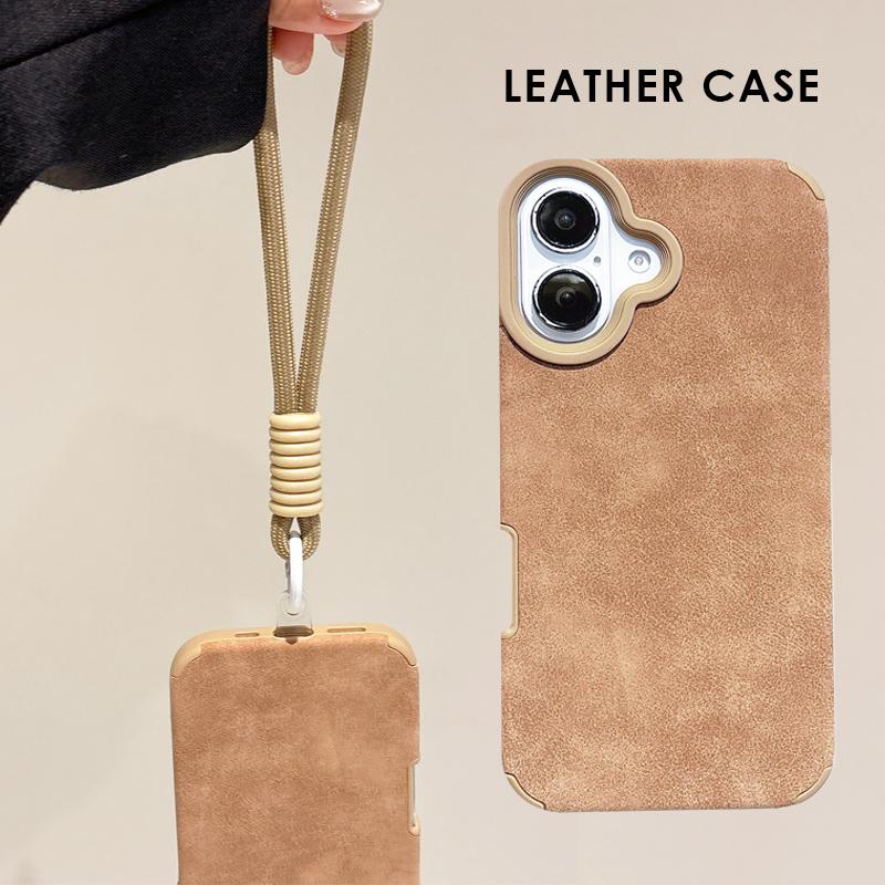 Simple Pure Color Leather Case + Lanyard Protective Shell Soft Silicone Case for iPhone