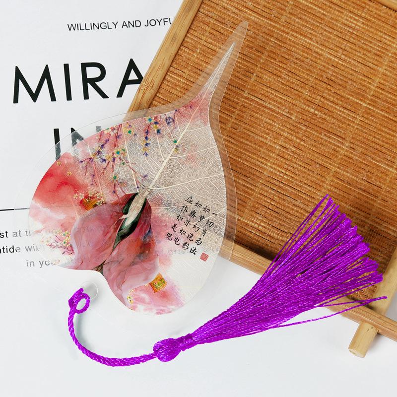 Chinese Bodhi Leaf Bookmark: Floral Ink Wash Style with Peach Blossom, Peony, and Lotus