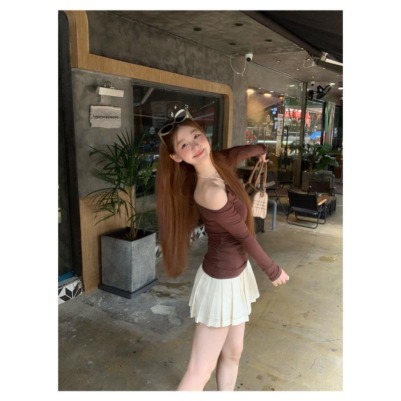 Women Off Shoulder Slim Fit Long Sleeve Solid T Shirt Casual Basic Daily Top