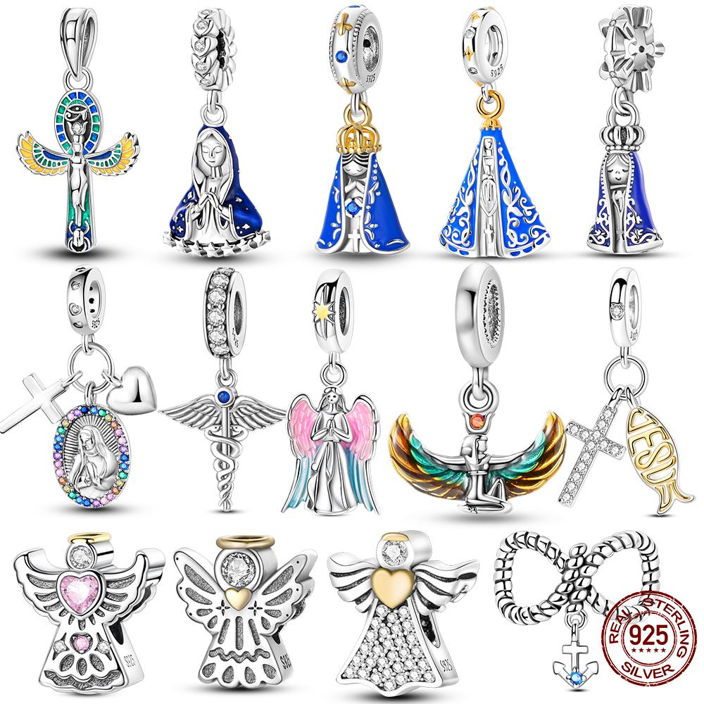 925 Silver Virgin Goddess Blessing Dangle Prayer Angel Pendant Charms Fit Original Necklace Bracelet DIY For Women Gift
