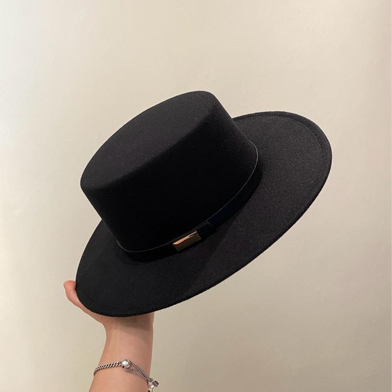 Autumn and Winter Flat Top Woolen Hat Children's Fashion Versatile Retro Black Top Hat British European and American Style Wide Eaves Jazz Hat Men