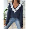 European Style Loose Fit V Neck Beaded Pullover Sweater For Women