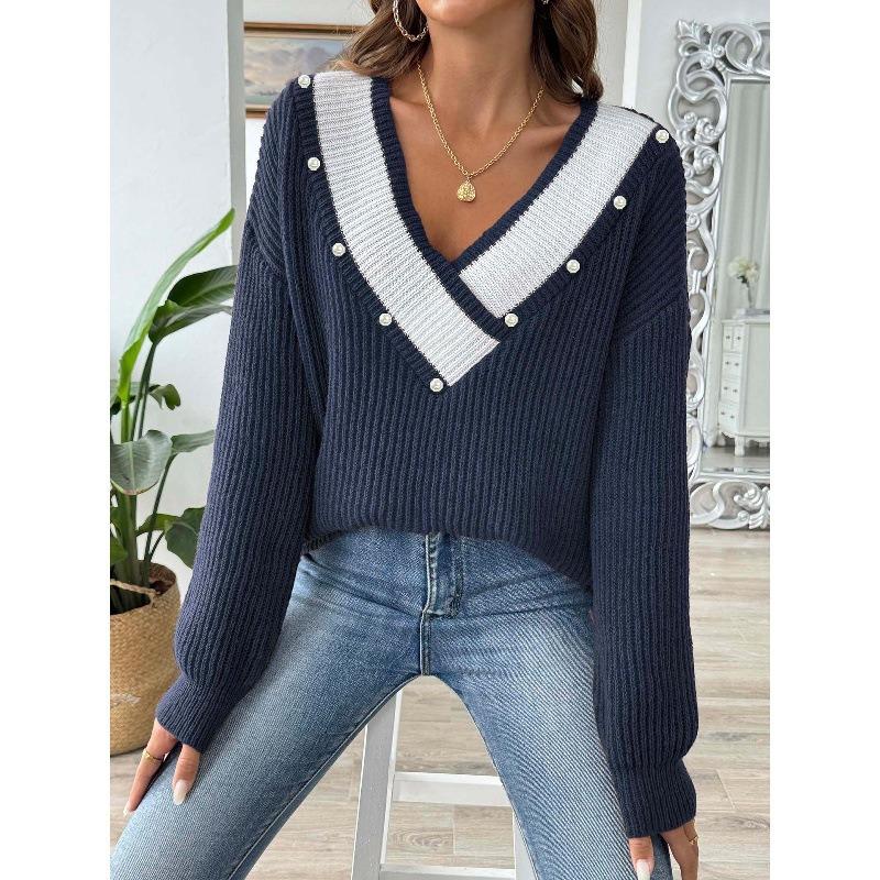 European Style Loose Fit V Neck Beaded Pullover Sweater For Women