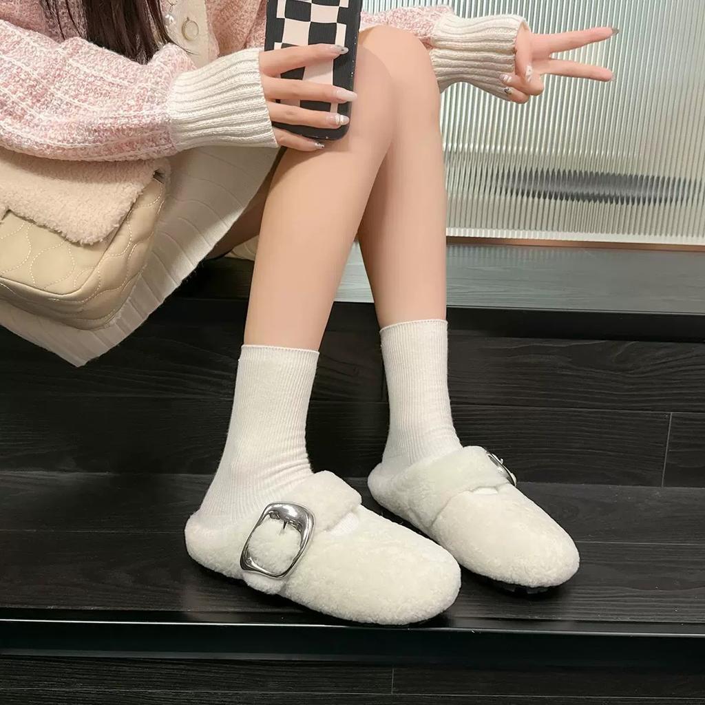 Fashion versatile bag head fluffy shoes women wear lazy women flat-bottomed cotton drag sheepskin fur integrated half slippers velvet winter
