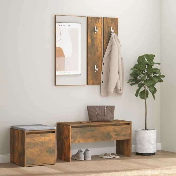 VidaXL Hallway Furniture Set Entry Bench Mirror Coat Rack Panel Cloakroom Set Smoked Oak Wood 3120194