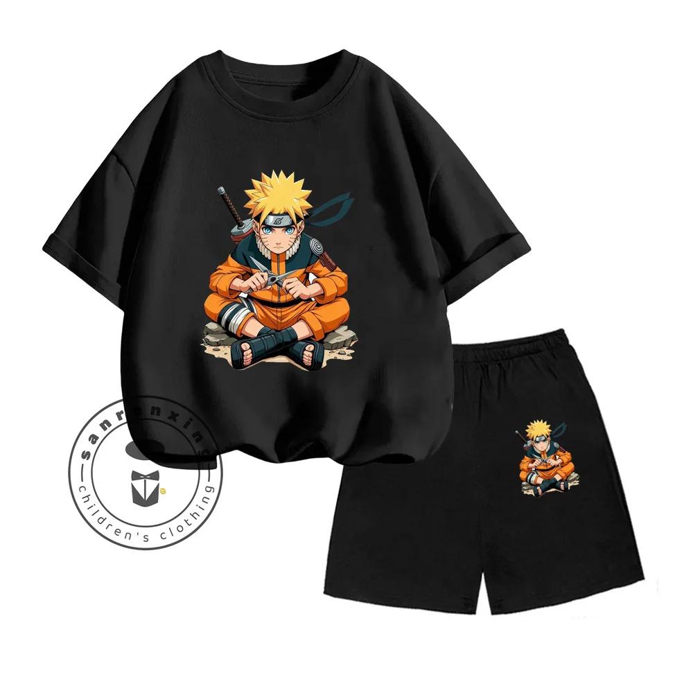 Unique NARUTO Animated Cartoon Character Vertical Print Design O-neck Skin-friendly Short Sleeve and Shorts Kids Two-piece Set