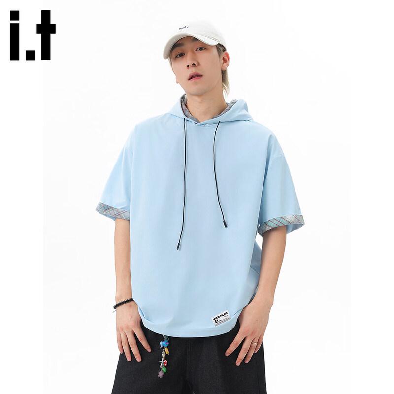 :CHOCOOLATE Men s Hooded Plaid Color-Block Short-Sleeve T-Shirt L