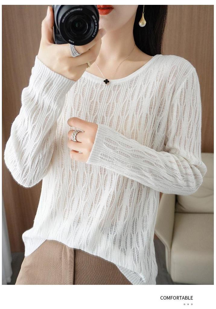 Women's High-Quality Round Neck Crochet Knit Pullover - Long Sleeve, Lightweight, Warm Wool Base Layer Top