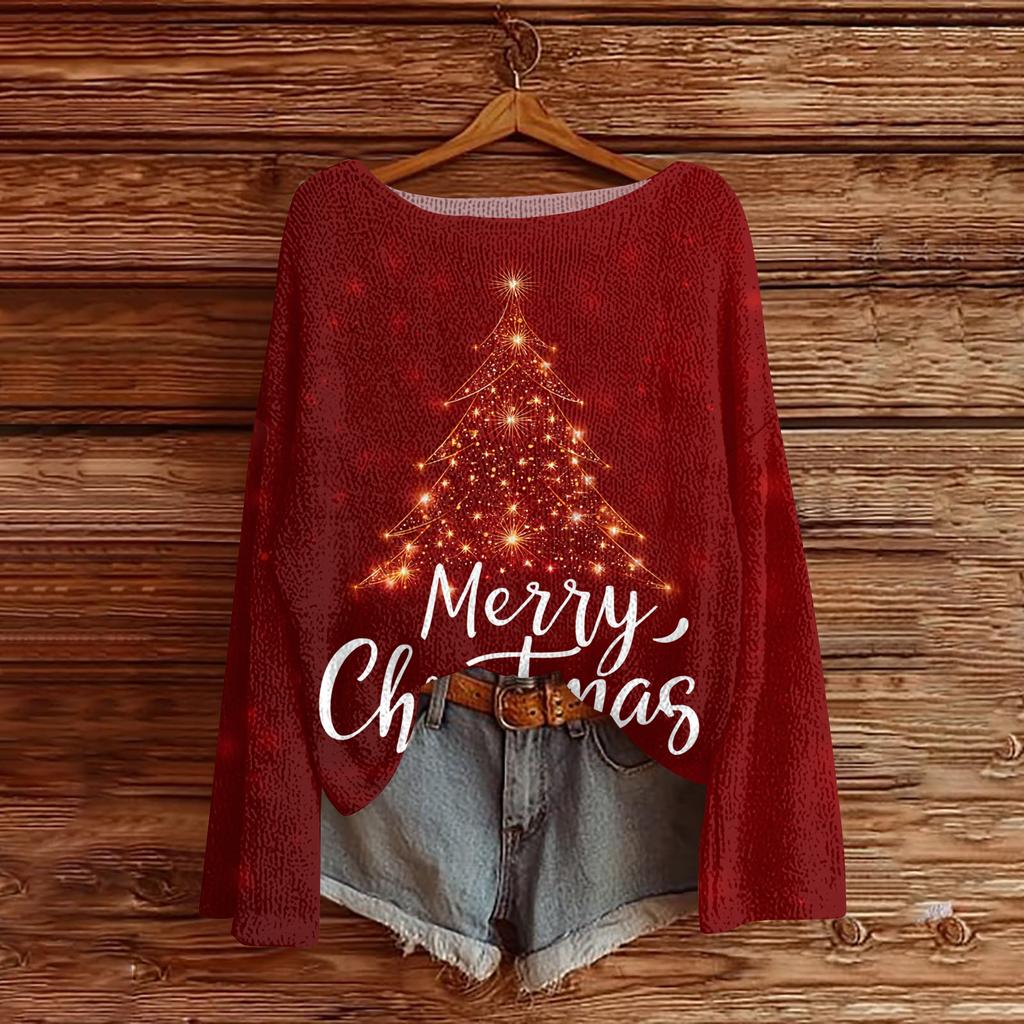 Women's Round Neck Lightweight Sweater Casual Long Sleeve Christmas Print Knit Pullover