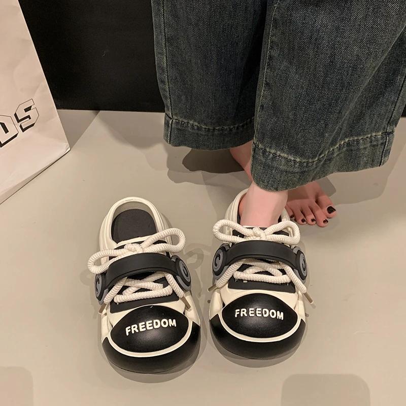 Fashion Women's Fashion Slippers Round Toe Platform Sole Lace-up Shoes Women Leisure Outdoor Korean Style Anti-Slip Zapatillas De Mujer