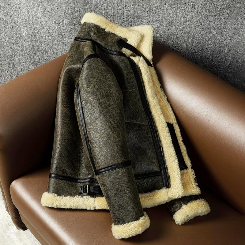 Winter Thickened Retro Wool Classic B3 Genuine Leather and Fur Integrated Lamb Fur Men's Large Size Genuine Leather Jacket