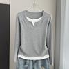 Fake Two-Piece Standard Shoulder Long Sleeve Tee Plus Size Slim Base Top Stretchy Slim Base Layer Soft Ribbed Fabric Good For Inner And Outer Wear Top