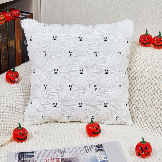 Halloween Decorative Pillow Cover Soft Plush Throw Cushion Case with 3D Embroidered Ghost Pumpkin Design for Couch Sofa Bedroom