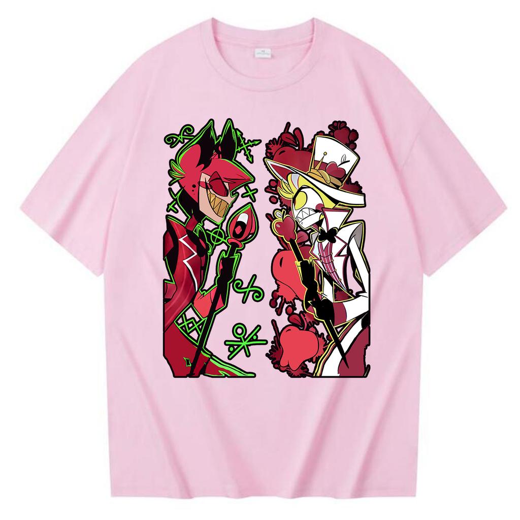 Anime Hazbin Hotel Alastor VS Lucifer Graphic T Shirt Woman Man Harajuku Round Neck T-shirt Gift Tops