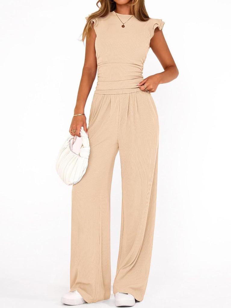 Women's 2026 Summer Solid Color Two-Piece Set with Ruffle Wide-Leg Pants