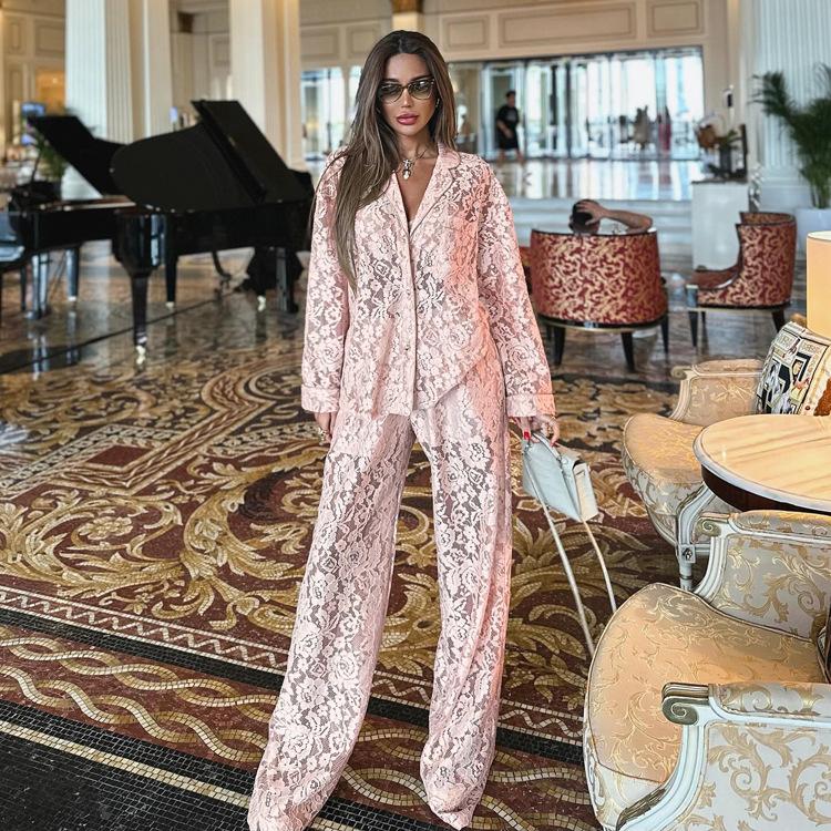 Women's Sheer Lace Lapel Long Sleeve Shirt High Waist Long Pants Sexy Two Piece Outfit Nightwear Set