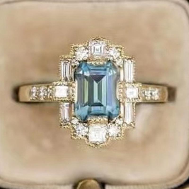 

Блискуче кільце з квадратним діамантом. Жіноча легка розкішна ретро-ювелірна ніша No. 6 озеро синього кольору