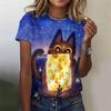 Women's T-shirt Casual 3D Printed Top Night Cat Cartoon T-shirt T-shirt