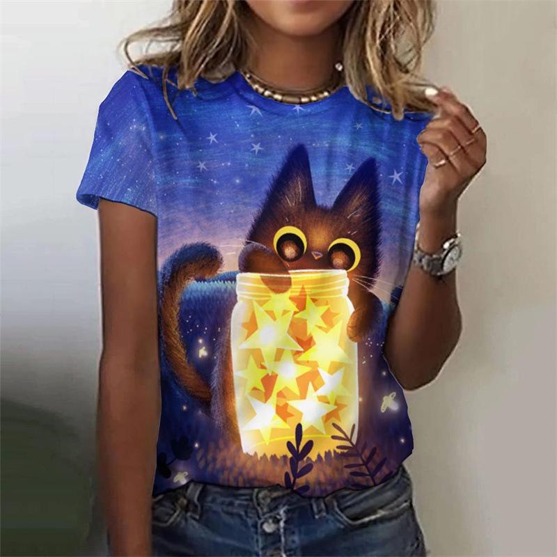 Women's T-shirt Casual 3D Printed Top Night Cat Cartoon T-shirt T-shirt
