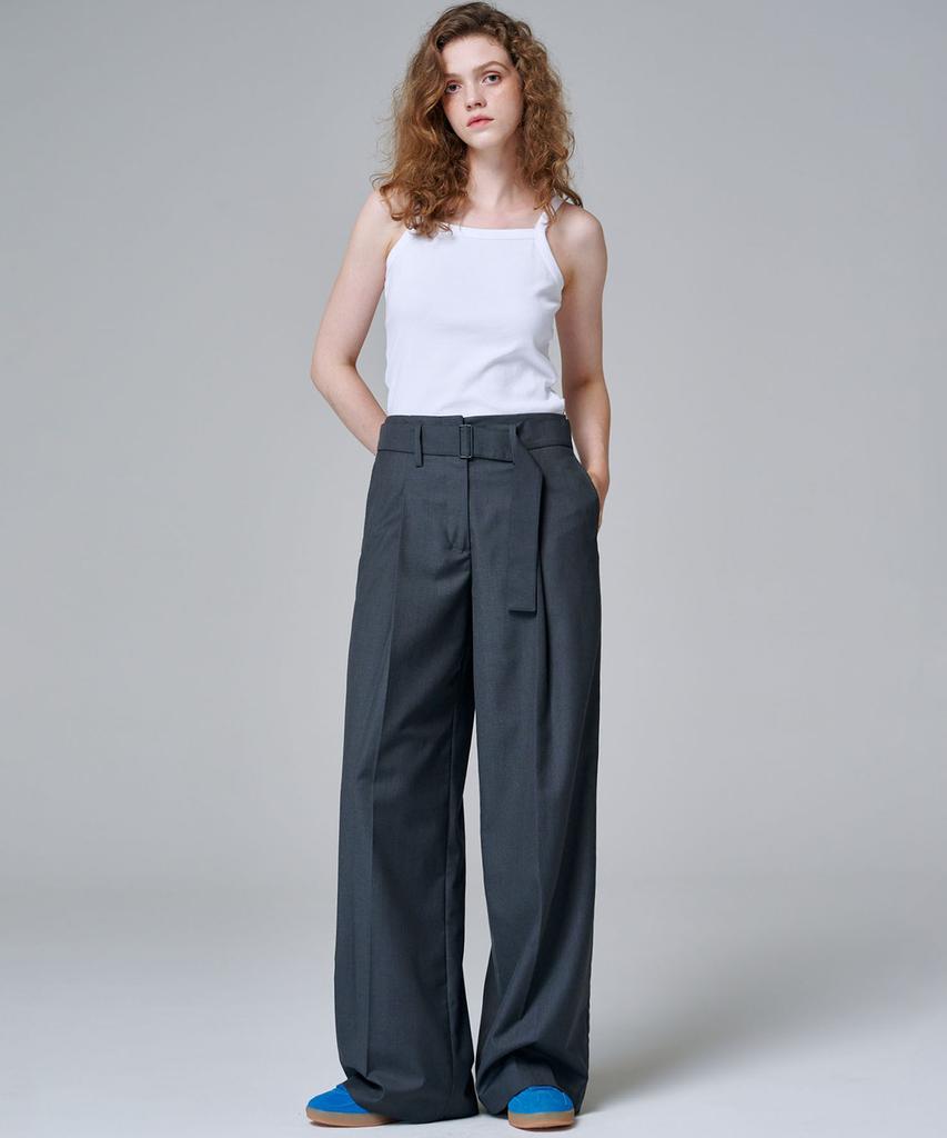 MALOUPE 2155 Single-Pleat Belted Wide Pants (Dark Gray)