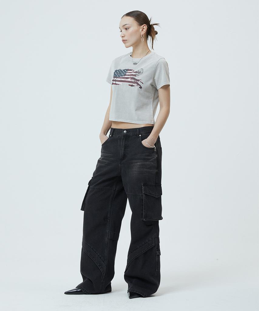 MAHAGRID Washed Flag Crop Tee Black(Mg2Gmft541A)