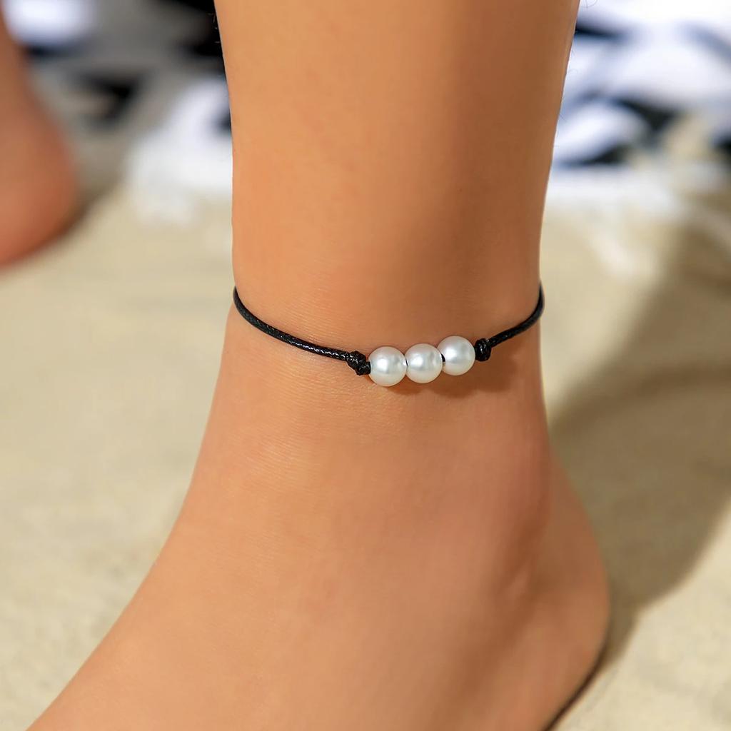 New Fashion Boho Black Wax Thread Adjustable Chain Anklet Women Summer Beach Barefoot Ankle Imitation Pearl Pendant Foot Jewelry