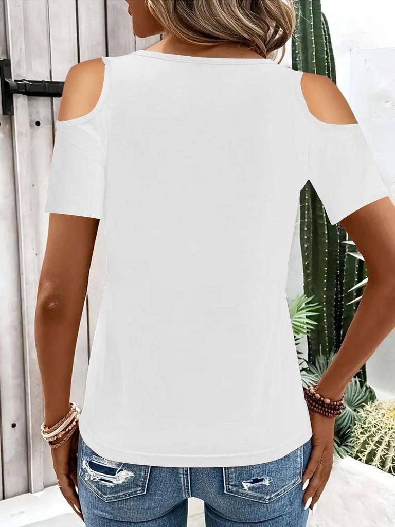 2025 Women's Solid Color Off-Shoulder Loose V-Neck Short Sleeve T-Shirt