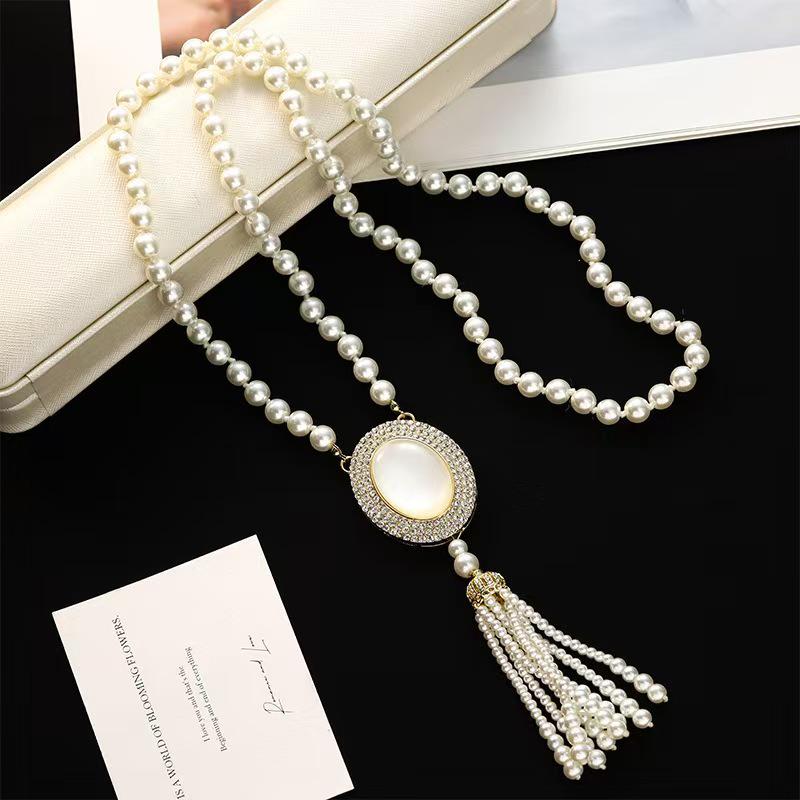 New Luxury Oval Cat's Eye Stone Pearl Sweater Necklace Pendant