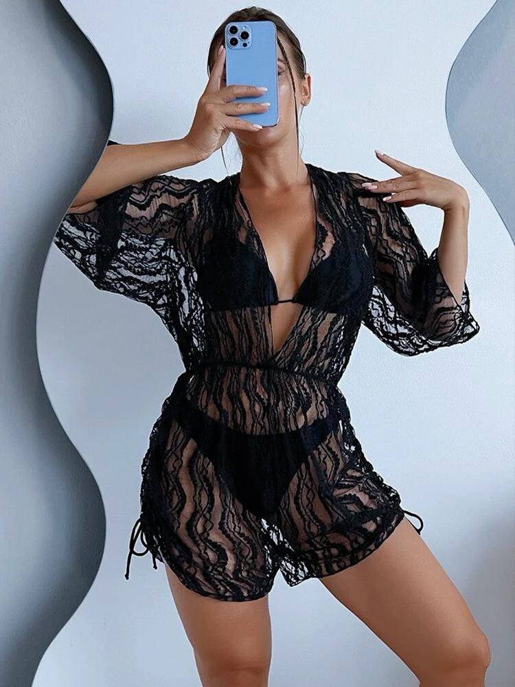 New long-sleeved mesh girdle one-piece swimsuit high-waist printed drawstring three-piece bikini