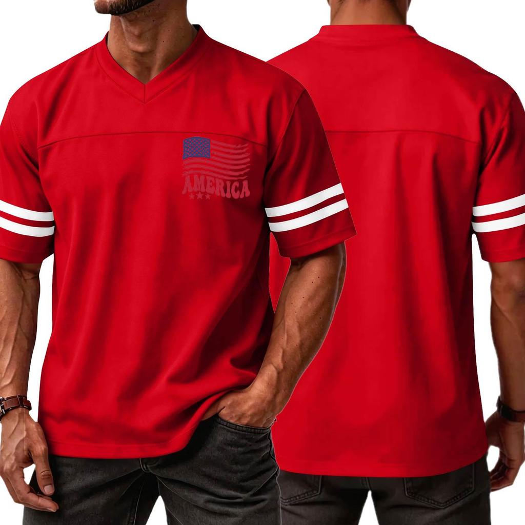 Men V Neck Short Sleeve Casual Sports T Shirt with Independence Day Print and Striped Sleeves for Everyday Wear