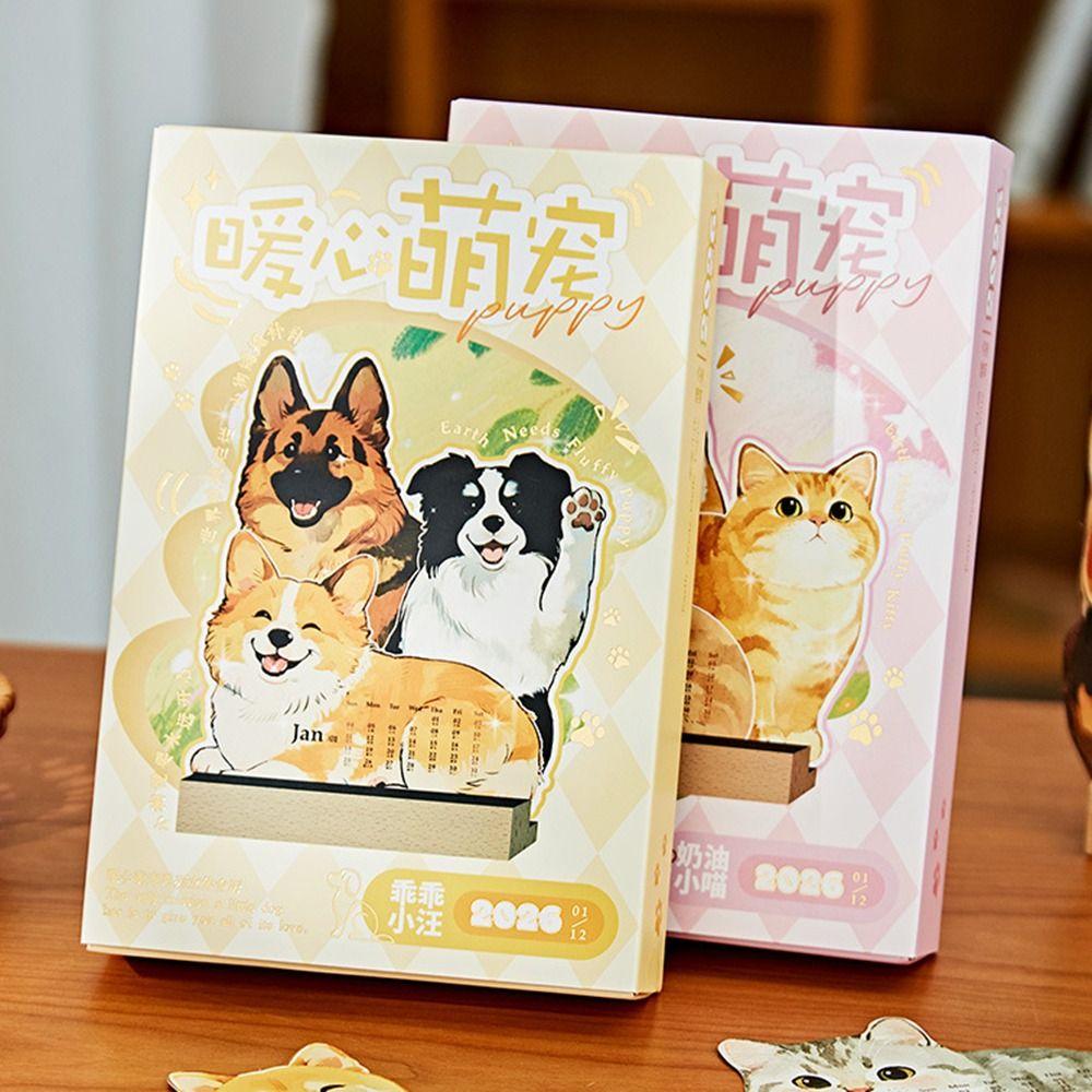 Cute Cat Dog 2026 Desk Calendar Pet Illustration Daily Scheduler Standing Calendar 365 Days Desktop Decoration Desktop Calendar