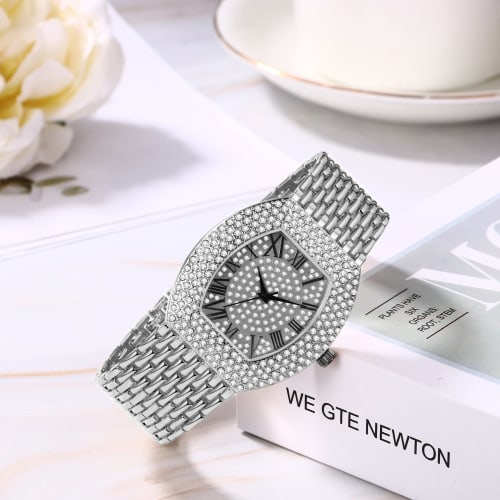 Popular and stylish diamond analog watch for men and women, featuring a stainless steel strap, square design, and a waterproof silver finish. Perfect