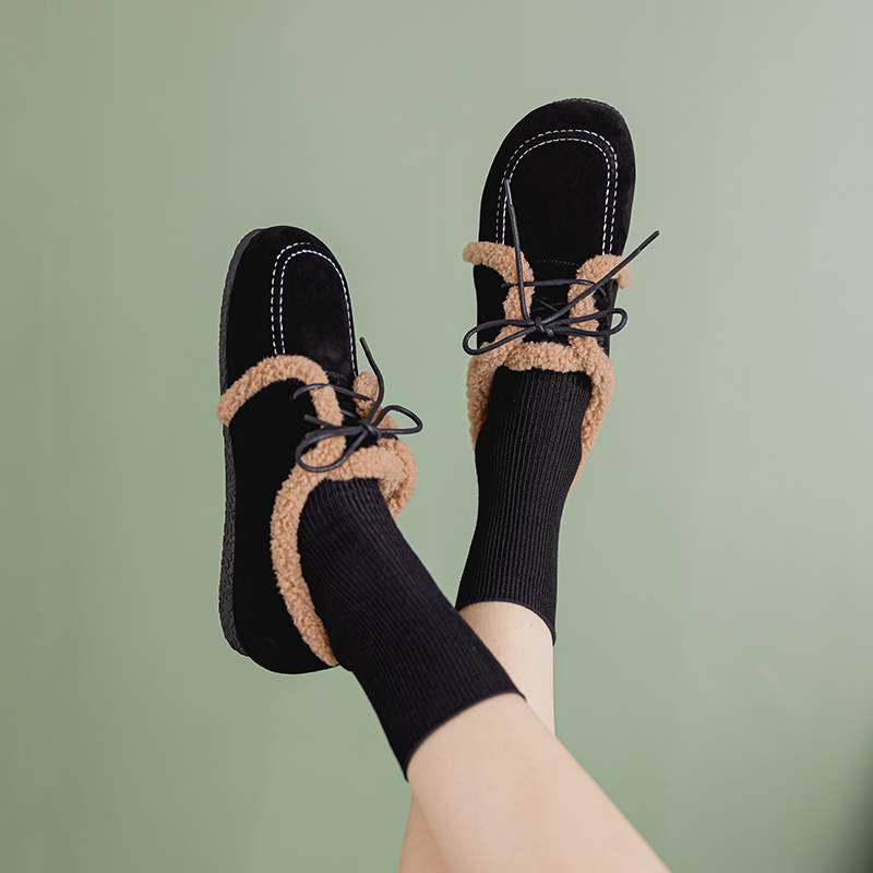 Krazing Pot Suede Fur Spring Autumn Winter Flats Lace Up Women Keep Warm Casual Shoes