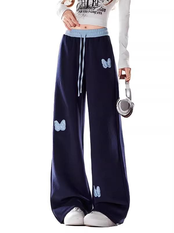 Plus Size American Style Butterfly Patch Wide Leg Women s Casual Spring Slimming Sweatpants 3XL темно-синий