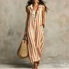 Mouweloze Gestreepte Maxi Jurk met Ruches V-hals Losse Pasvorm Lange Jurk voor Dames Casual Zomer Strandkleding Zomerjurk