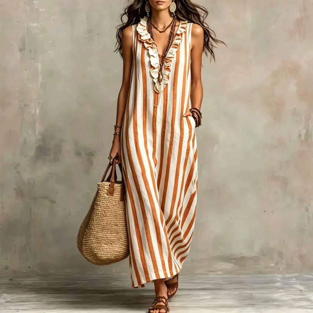 Mouweloze Gestreepte Maxi Jurk met Ruches V-hals Losse Pasvorm Lange Jurk voor Dames Casual Zomer Strandkleding Zomerjurk