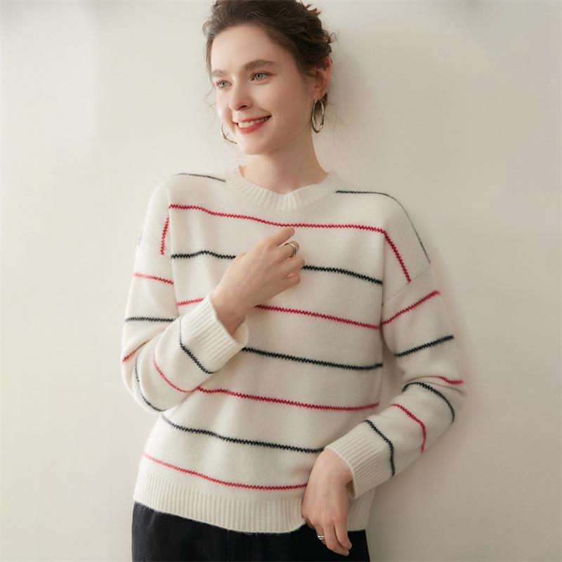 Autumn 2025 Women's Striped Cashmere Sweater - Half-High Neck, Loose Fit, Slimming Base Layer.