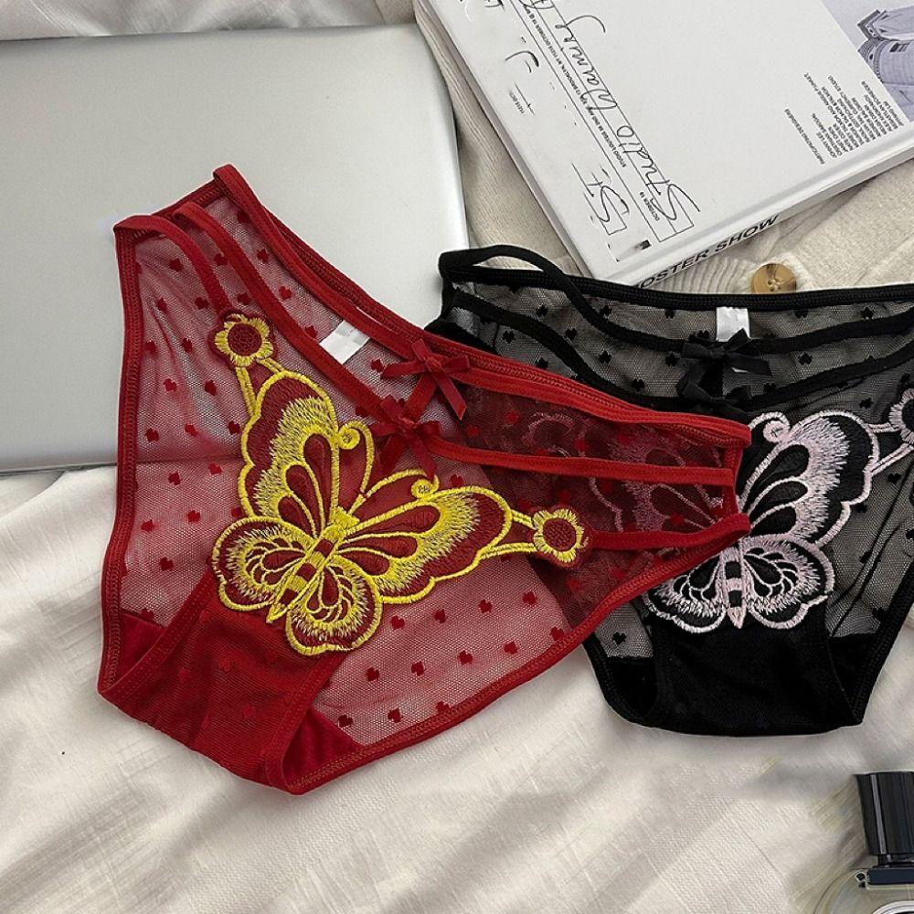 Cotton Crotch Butterfly Embroidery Bow Underpants Low-Waist Flower Mesh Slim Panties  Girls