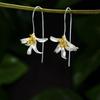 Two Tone Lily Flower Long Threader Drop Earrings Handmade Petal Dangle Ear Rings for Women Elegant Nature Jewelry