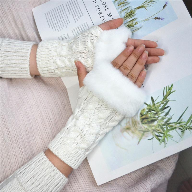 Winter Women Gloves Plush Faux Fur Knitting Wool Keep Warm Mitten Fingerless Lady Girl Half Finger Gloves Christmas Gift