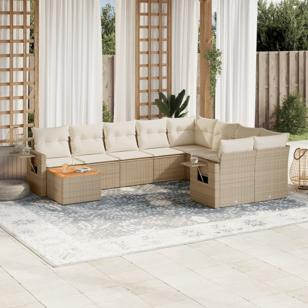 10 piece Garden Sofa Set with Cushions Beige Poly Rattan