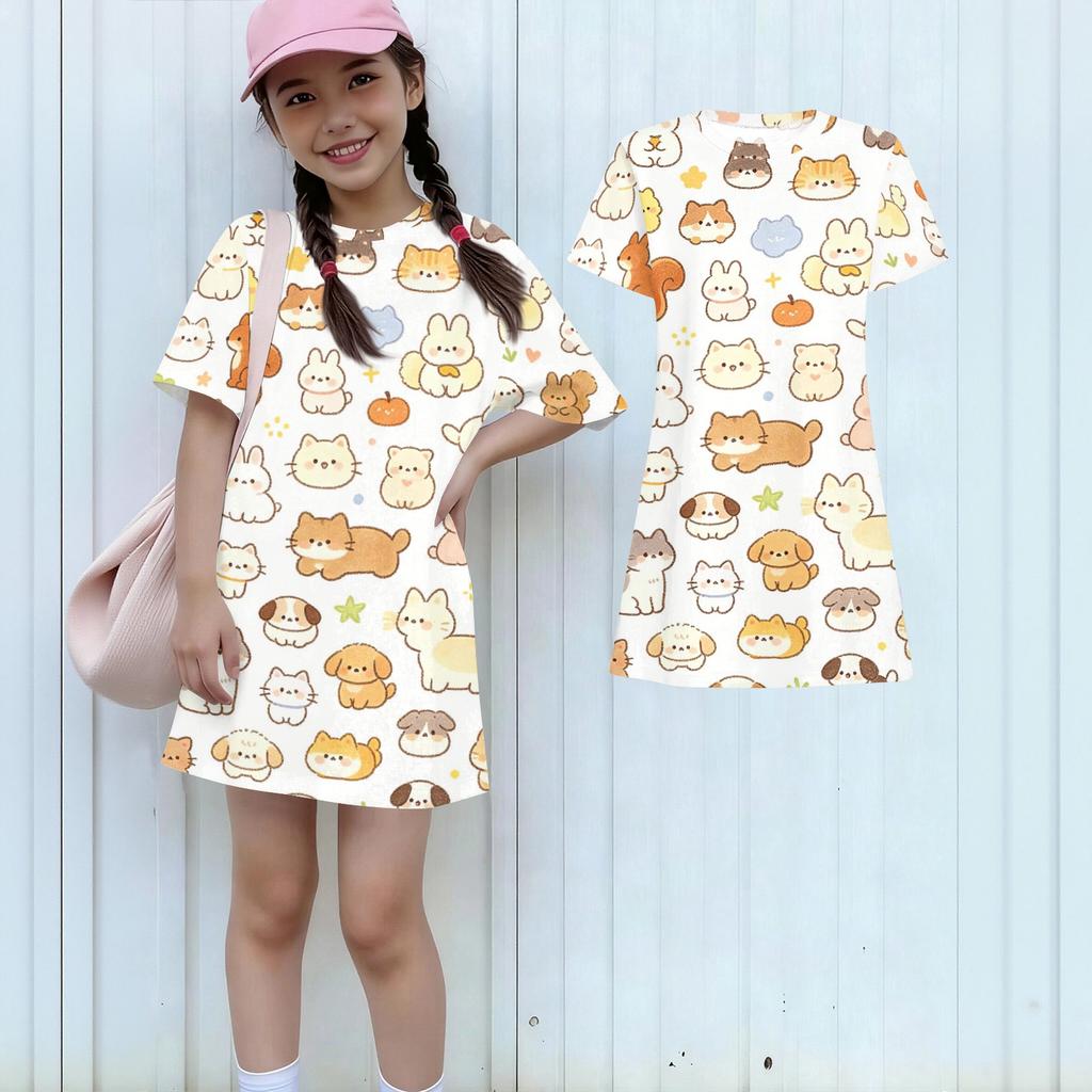 Girls Animal Print Dress Loose Fit Short Sleeve Round Neck Lightweight Summer Dress for Kids Casual Wear