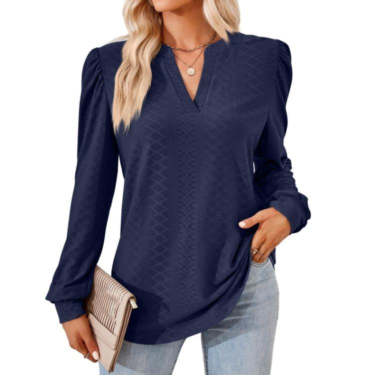 V-neck Long Sleeve T-shirt Women Loose Top Solid Jacquard Splice Design