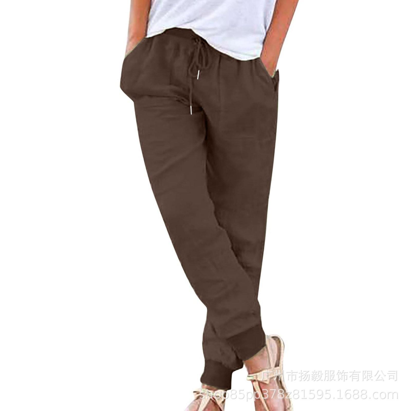 

Разноцветные повседневные брюки из хлопка и льна с эластичной резинкой на талии и карманами XXL кофейный